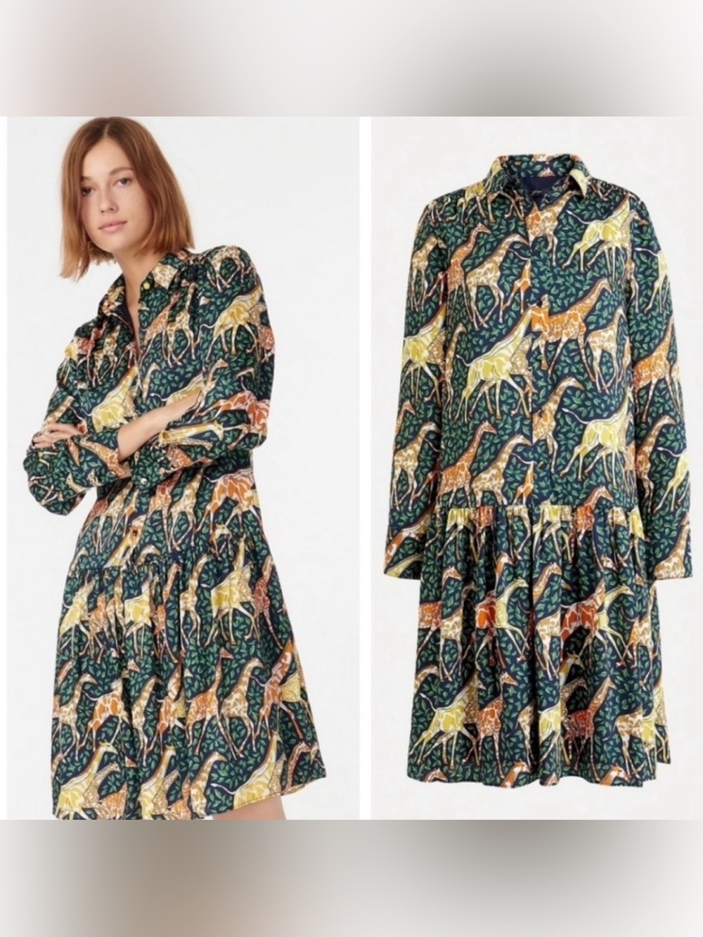 J. Crew Giraffe Print Dress green orange long sleeve preppy XXS petite